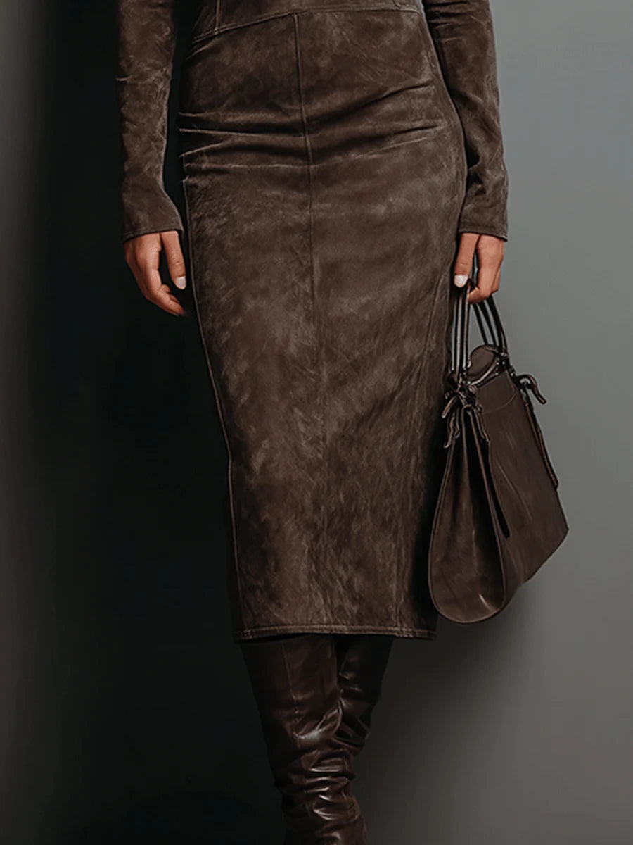 Sienna – Midi Suede Dress with High Neck & Long Sleeves Valrynlondon