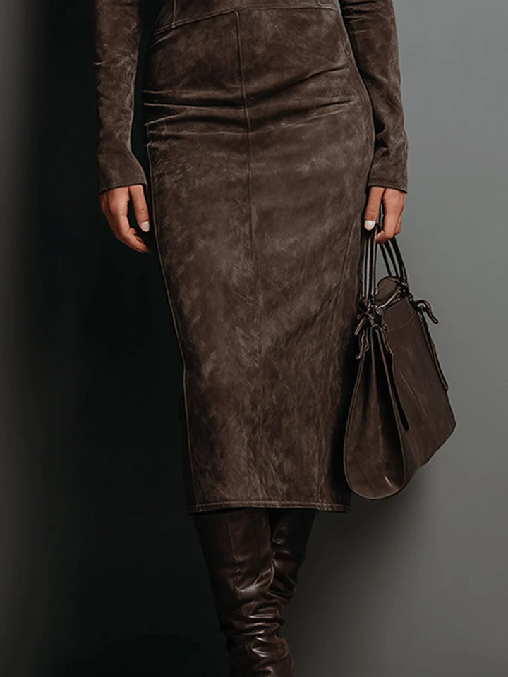 Sienna – Midi Suede Dress with High Neck & Long Sleeves Valrynlondon