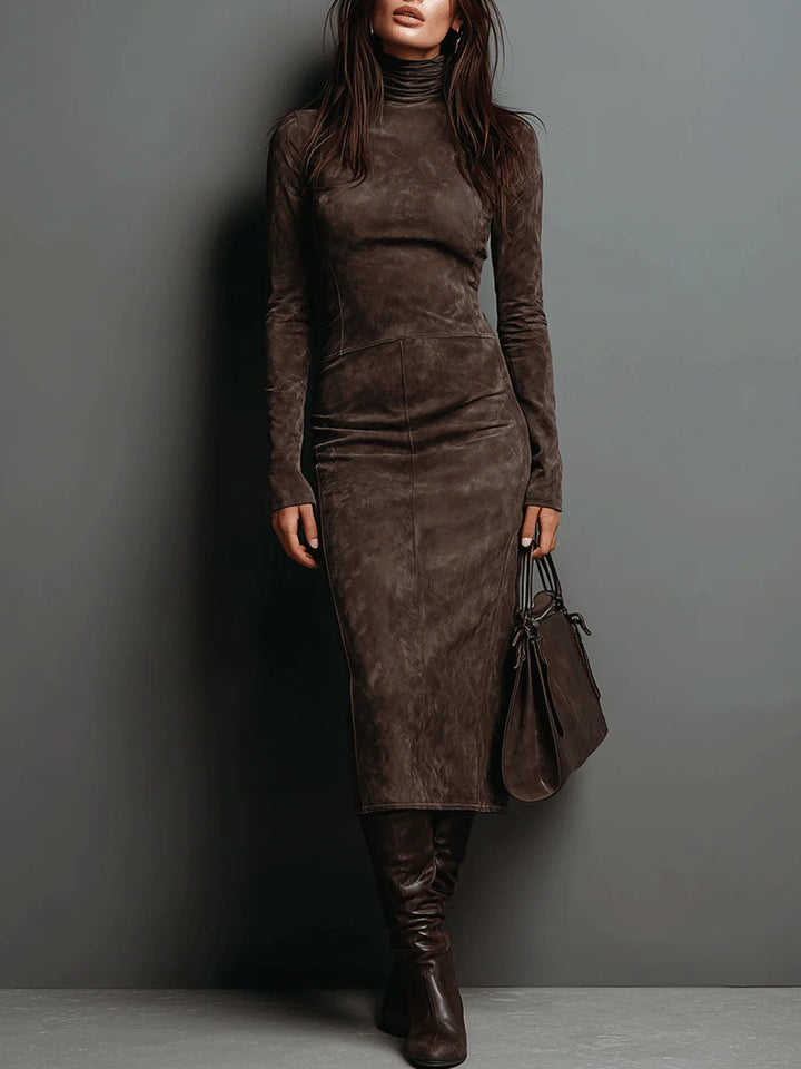 Sienna – Midi Suede Dress with High Neck & Long Sleeves Valrynlondon