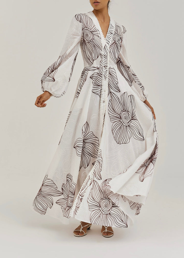 Tillie Volume Sleeve Embroidered Dress | White/Merlot