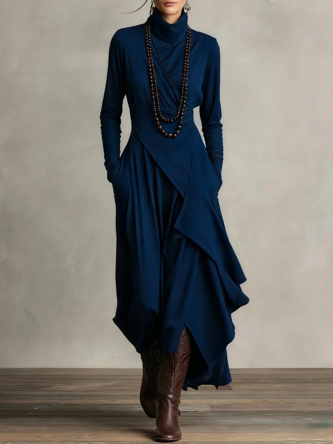 Natalia – Asymmetric Maxi Knit Dress with Turtleneck Valrynlondon