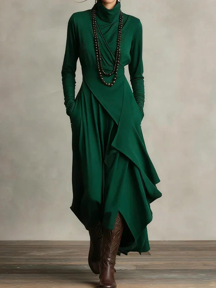 Natalia – Asymmetric Maxi Knit Dress with Turtleneck Valrynlondon