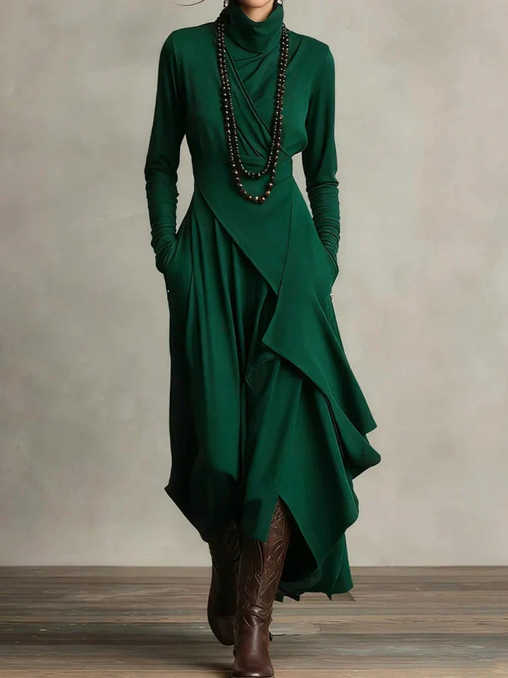 Natalia – Asymmetric Maxi Knit Dress with Turtleneck Valrynlondon
