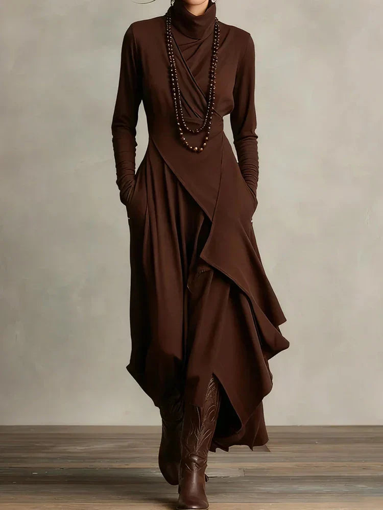 Natalia – Asymmetric Maxi Knit Dress with Turtleneck Valrynlondon