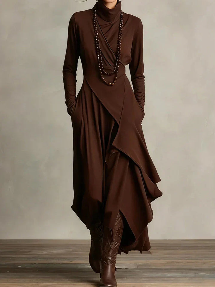 Natalia – Asymmetric Maxi Knit Dress with Turtleneck Valrynlondon