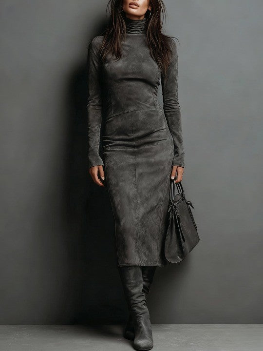 Sienna – Midi Suede Dress with High Neck & Long Sleeves Valrynlondon